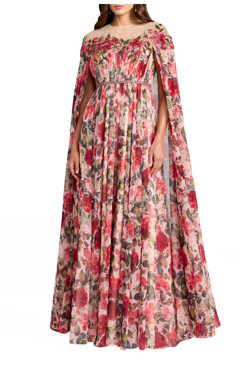 Mac Duggal Floral Printed Chiffon High Neck Cape Gown, Main, color, Rose Multi