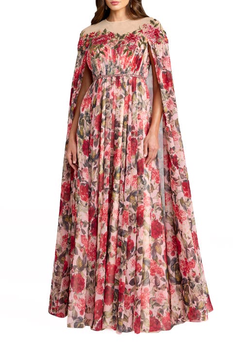 Floral Printed Chiffon High Neck Cape Gown