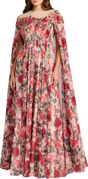 Mac Duggal Floral Printed Chiffon High Neck Cape Gown