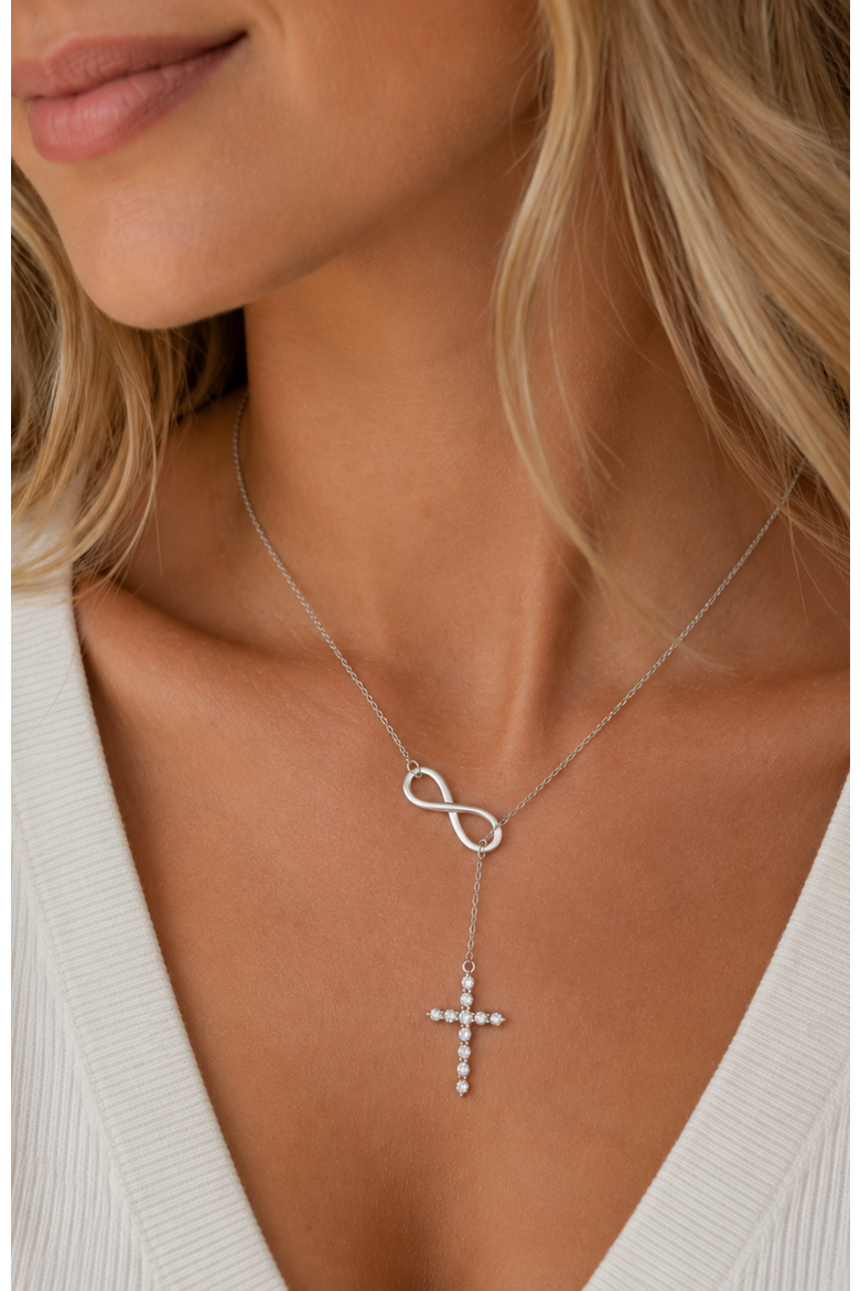 Infinite Cross Lariat Necklace, Alternate, color, Silver