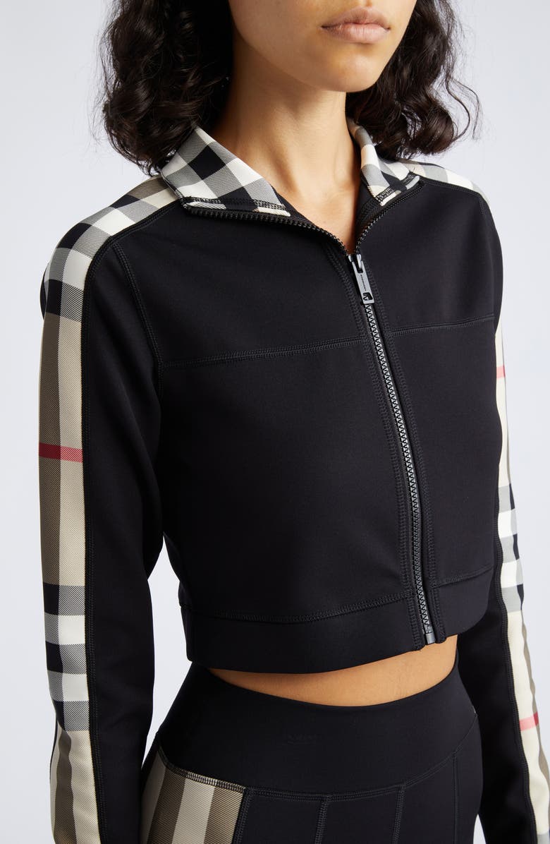 Burberry Cynthia Crop Check Panel Front Zip Top, Alternate, color, Black