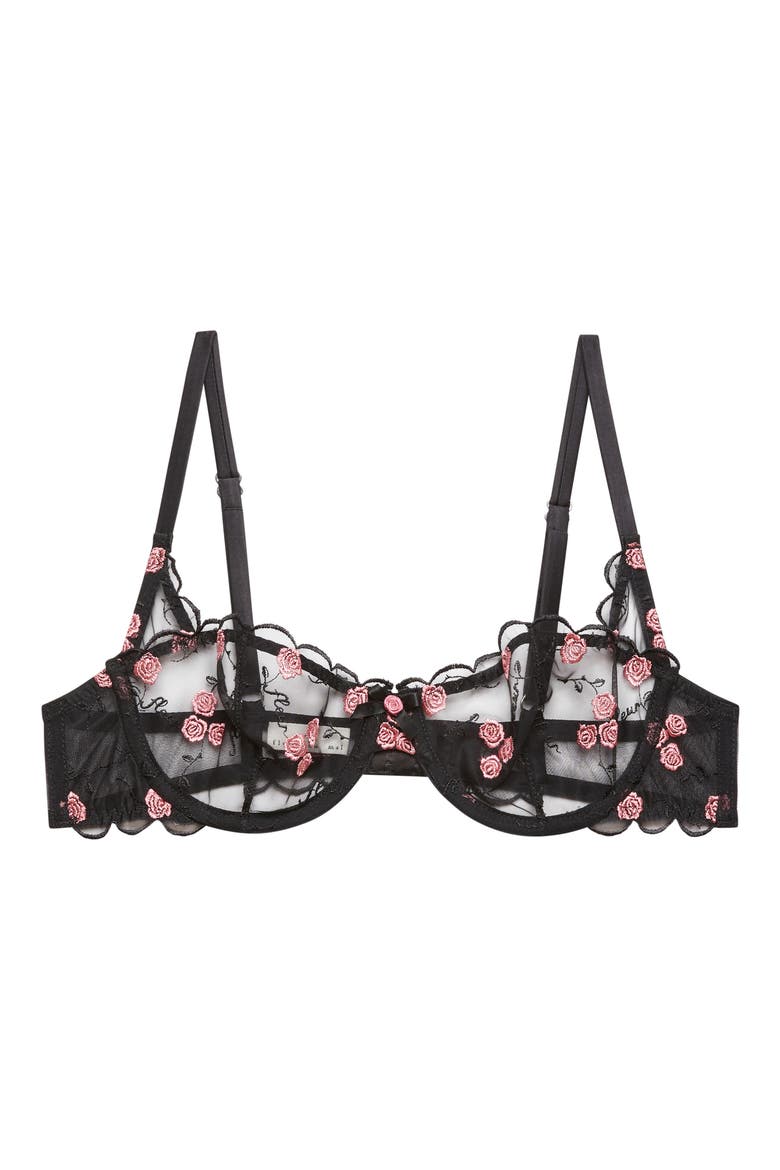Rose & Vine Embroidered Underwire Balconette Bra, Main, color, BLACK