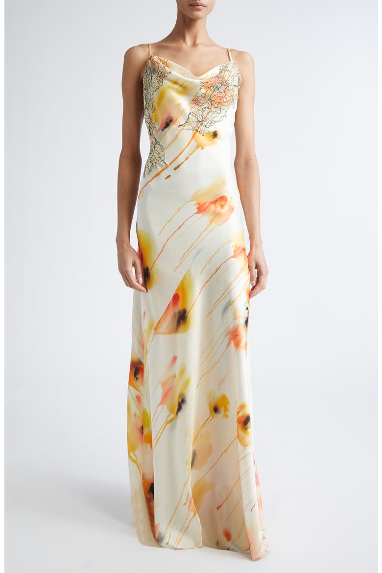 Watercolor Floral Bias Cut Satin Slipdress, Main, color, LIMONCELLO MULTI
