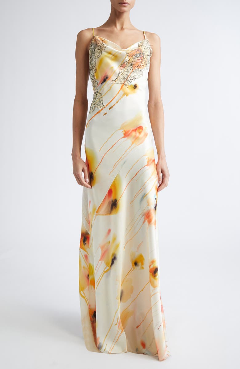 Jason Wu Collection Watercolor Floral Bias Cut Satin Slipdress, Main, color, Limoncello Multi