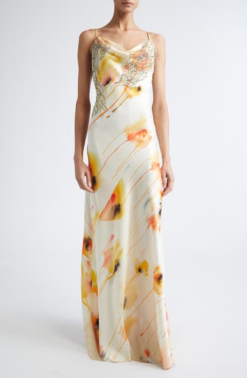 Watercolor Floral Bias Cut Satin Slipdress