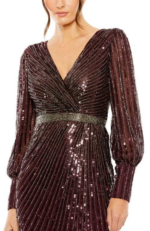 Mac Duggal Sequined Wrap Over Bishop Sleeve Gown In Blackberry