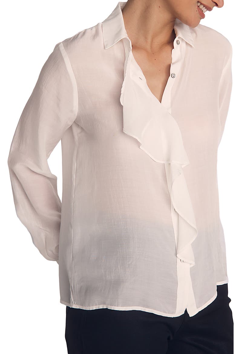 Ruffle Button-Up Shirt, Alternate, color, SHEER IVORY