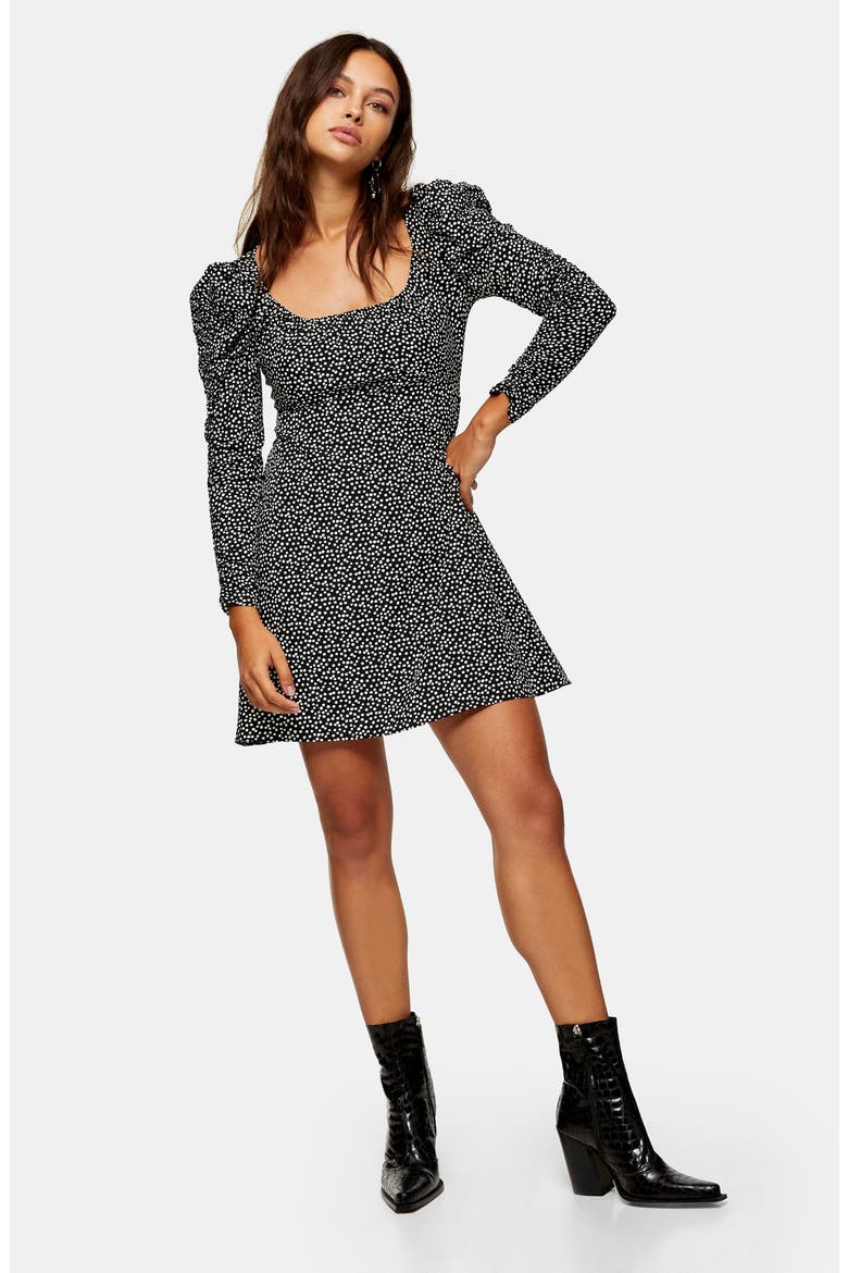 Ruched Long Sleeve Teadress, Alternate, color, BLACK MULTI
