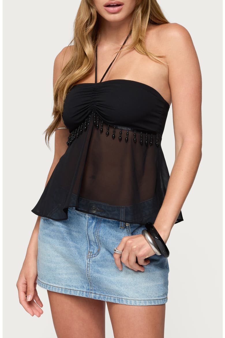 Bead Detail Sheer Chiffon Babydoll Halter Top, Alternate, color, BLACK