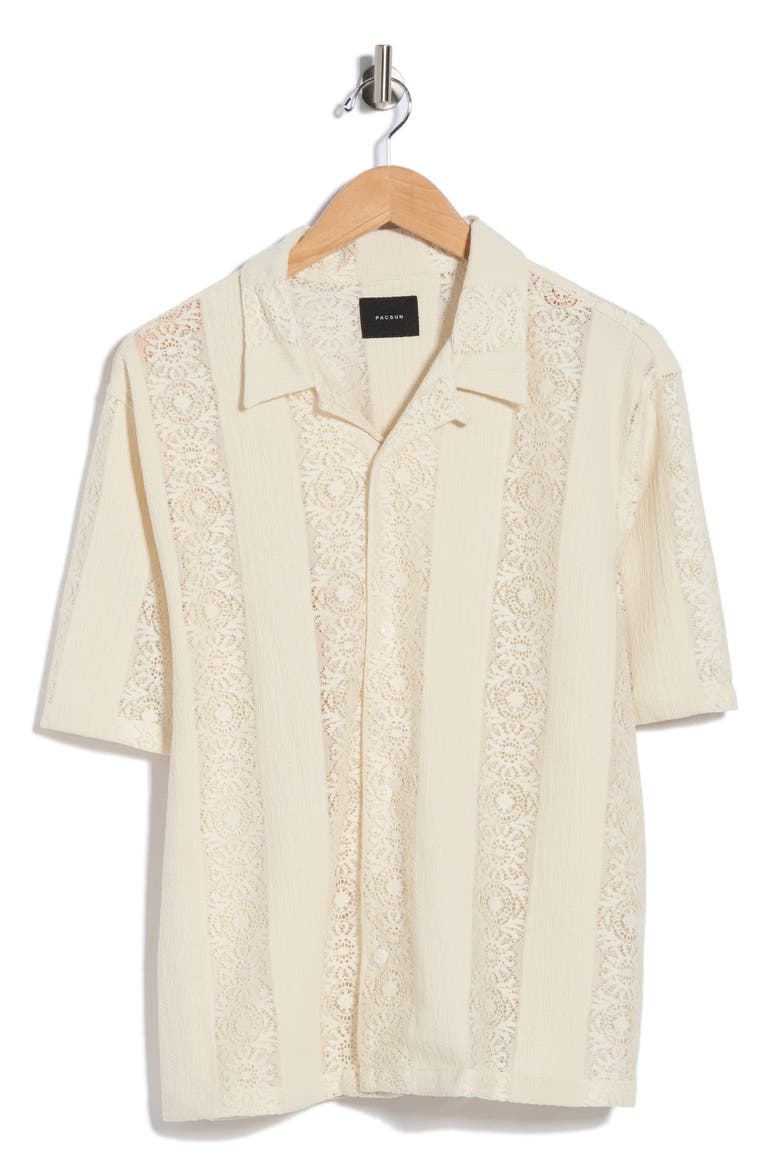 Dexter Lace Panel Button-Up Camp Shirt, Alternate, color, TAN