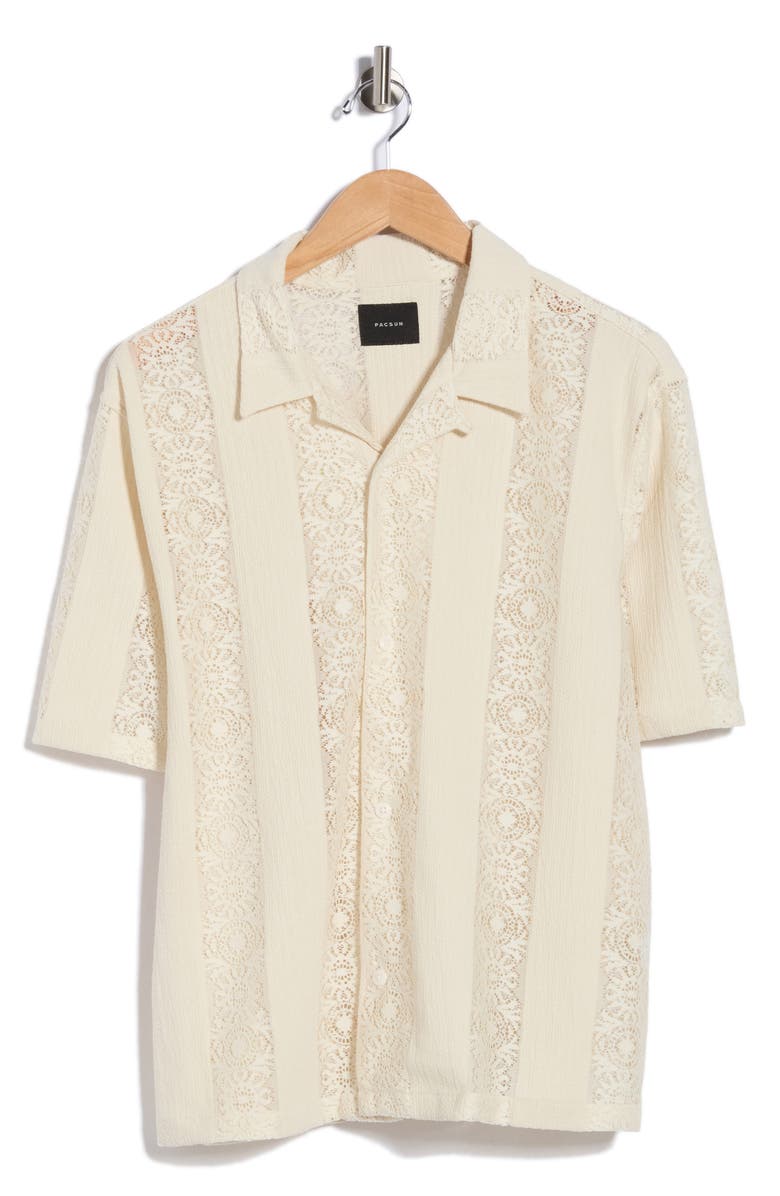 PacSun Dexter Lace Panel Button-Up Camp Shirt, Main, color, Tan