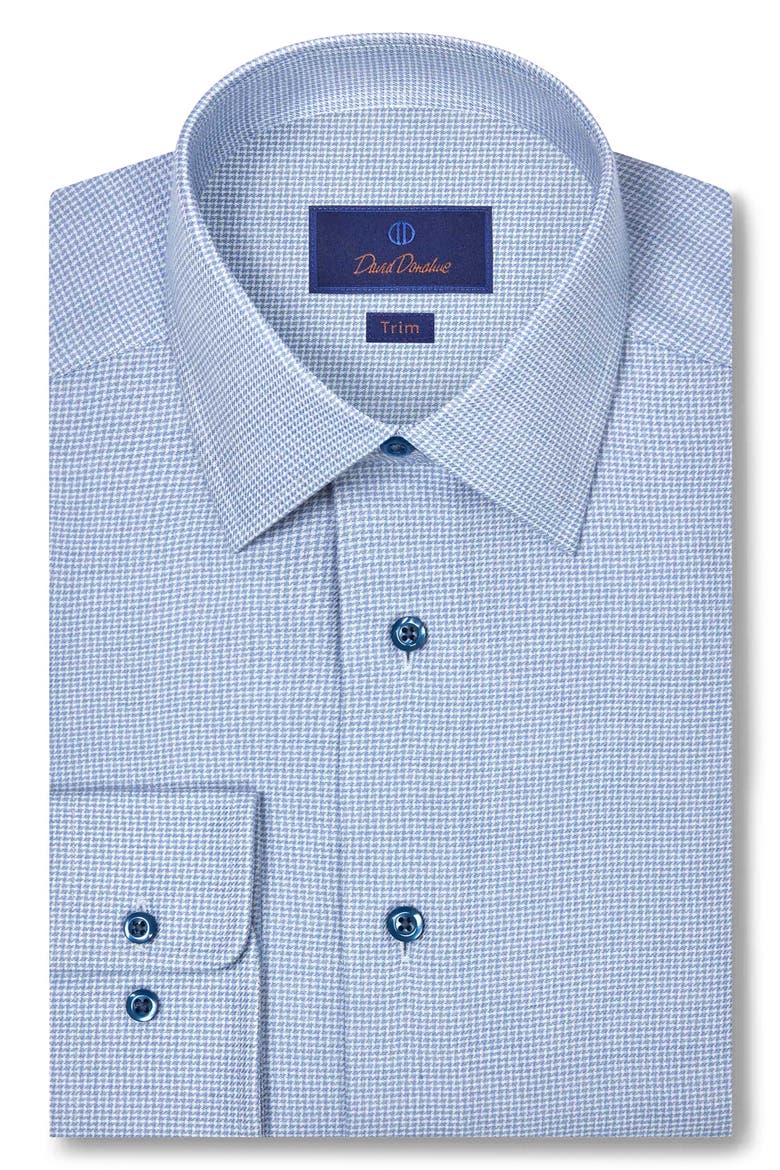 Trim Fit Blue Micro Houndstooth Cotton & Cashmere Dobby Dress Shirt, Main, color, BLUE