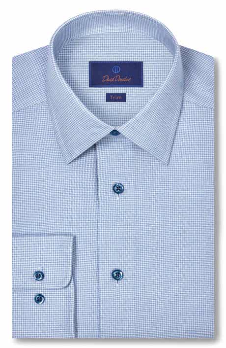 David Donahue Trim Fit Blue Micro Houndstooth Cotton & Cashmere Dobby Dress Shirt