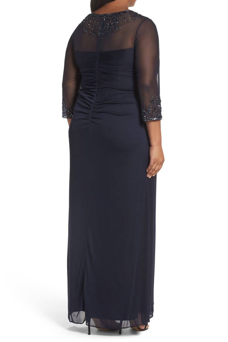 Beaded Illusion Neck A-Line Gown, Alternate, color, DARK NAVY