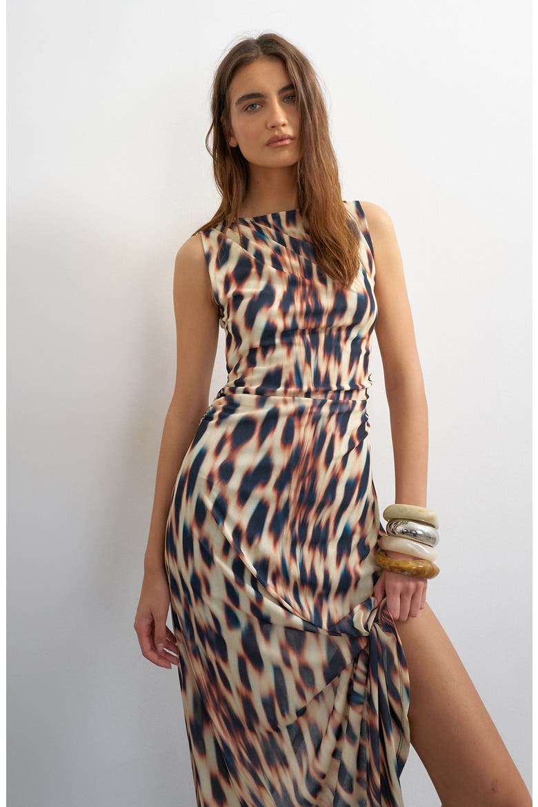 Abstract Print Mesh Sheath Maxi Dress, Alternate, color, BROWN
