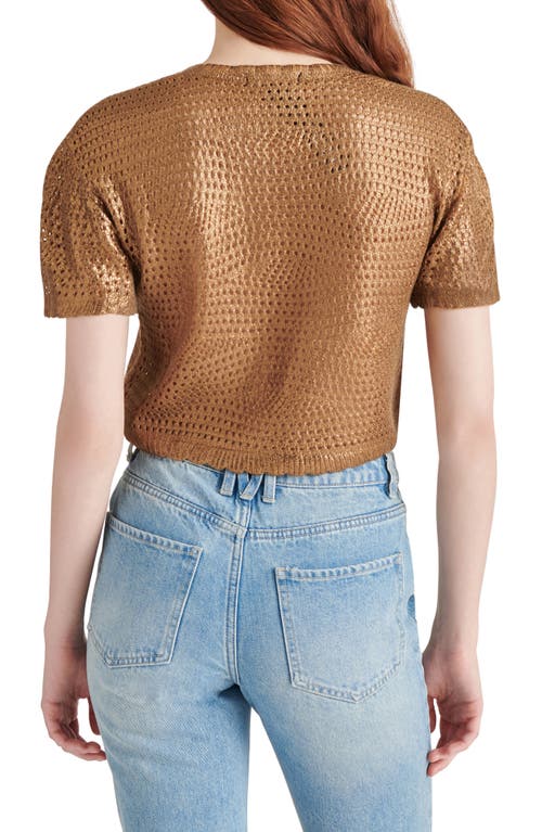 Steve Madden Biana Metallic Open Stitch Short Sleeve Crop Sweater In Caramel Cafe