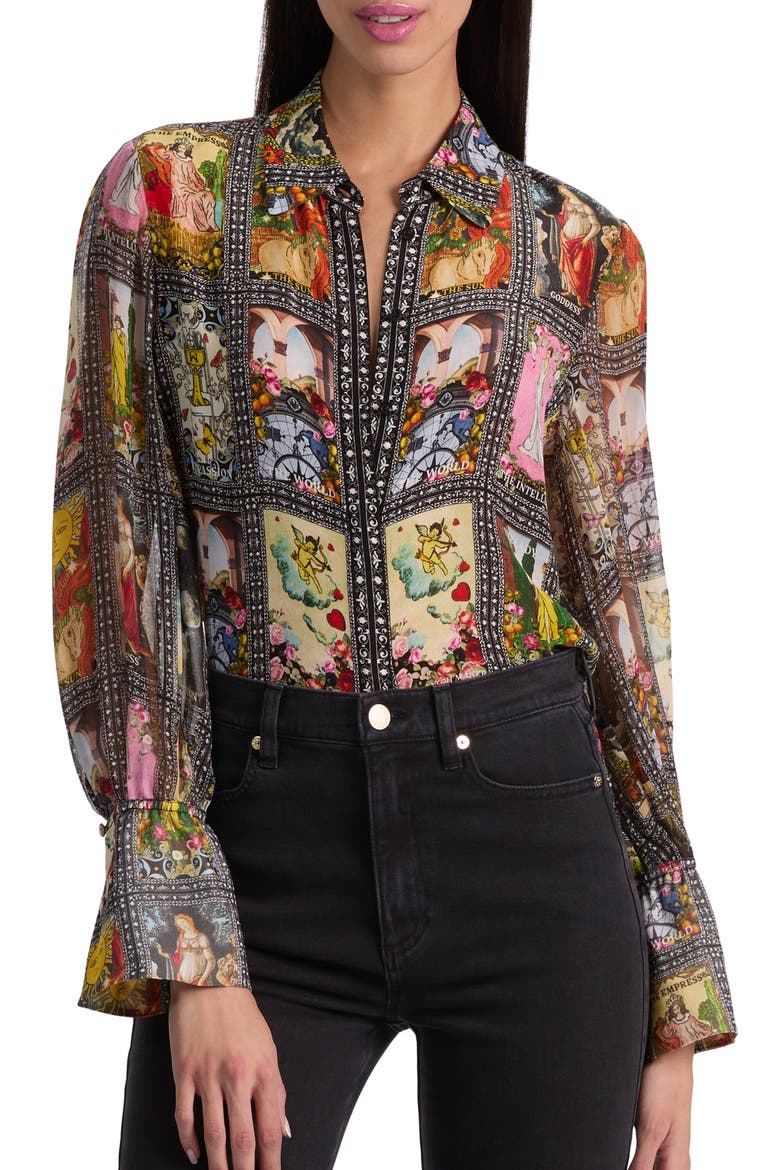 Tarot Card Print Silk Button-Up Shirt, Main, color, ENCHANTED TAROT