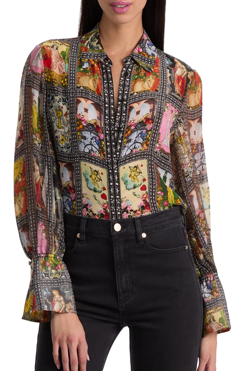 Alice + Olivia Tarot Card Print Silk Button-Up Shirt, Main, color, Enchanted Tarot