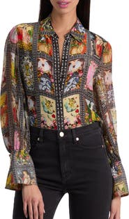 Alice + Olivia Tarot Card Print Silk Button-Up Shirt