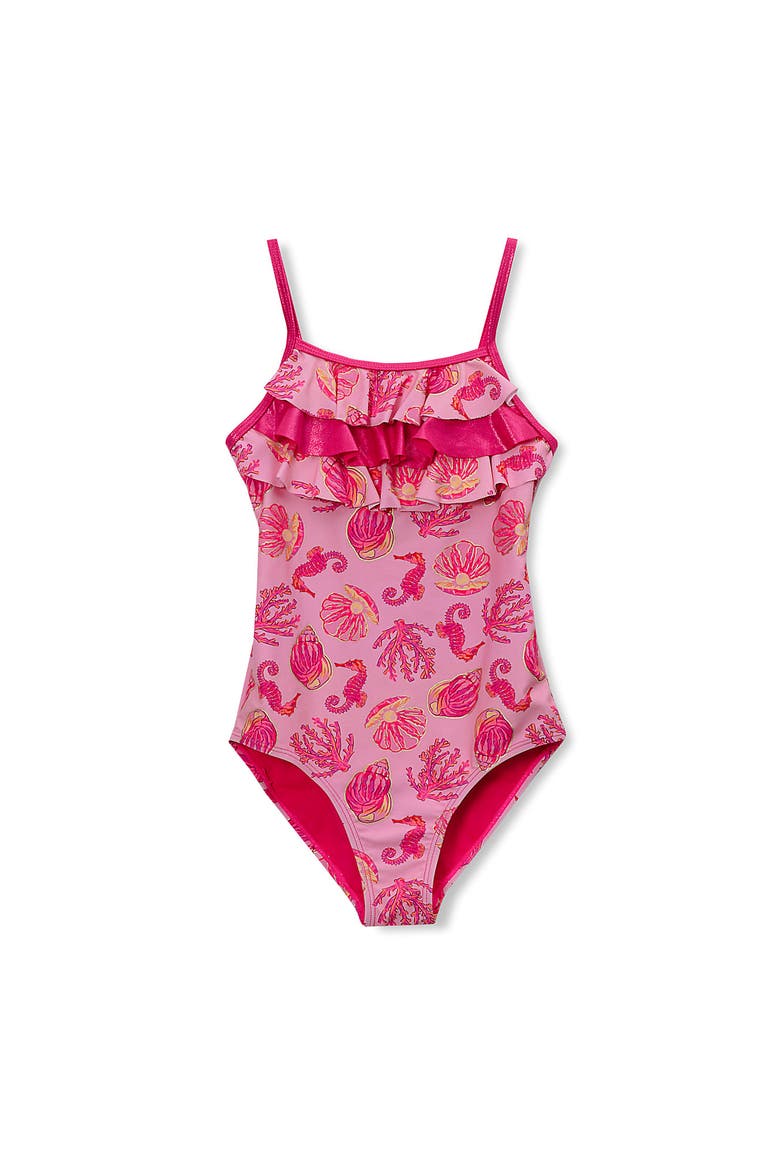 Girls Chlorine Resistant X-Back Ruffle One Piece Swimsuit, Main, color, Seashell Foil/Prism Pink
