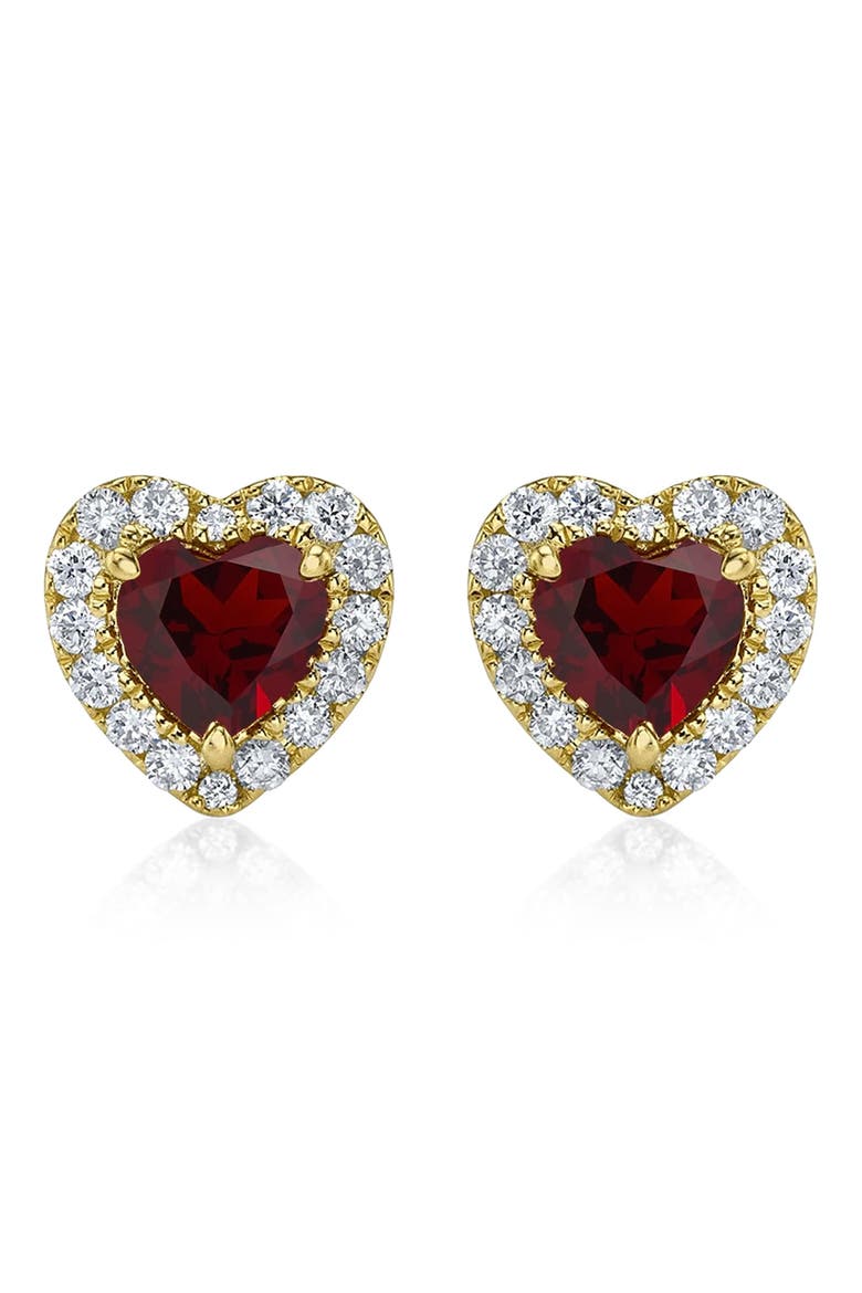 Heart Lab Garnet & Round Diamond Halo Stud Earrings 14K 0.68ct, Main, color, Garnet/Yellow Gold