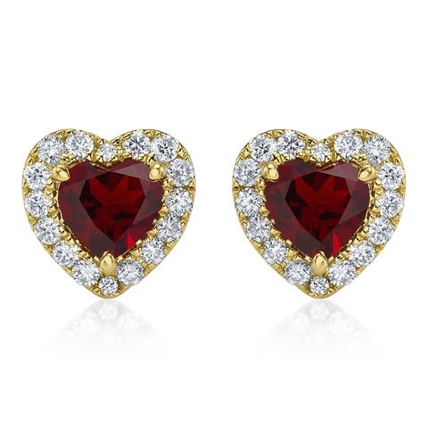 Heart Lab Garnet & Round Diamond Halo Stud Earrings 14K 0.68ct