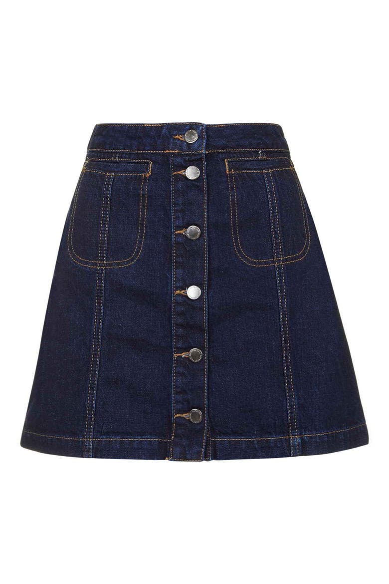 Button Front Denim Miniskirt, Alternate, color, MID DENIM