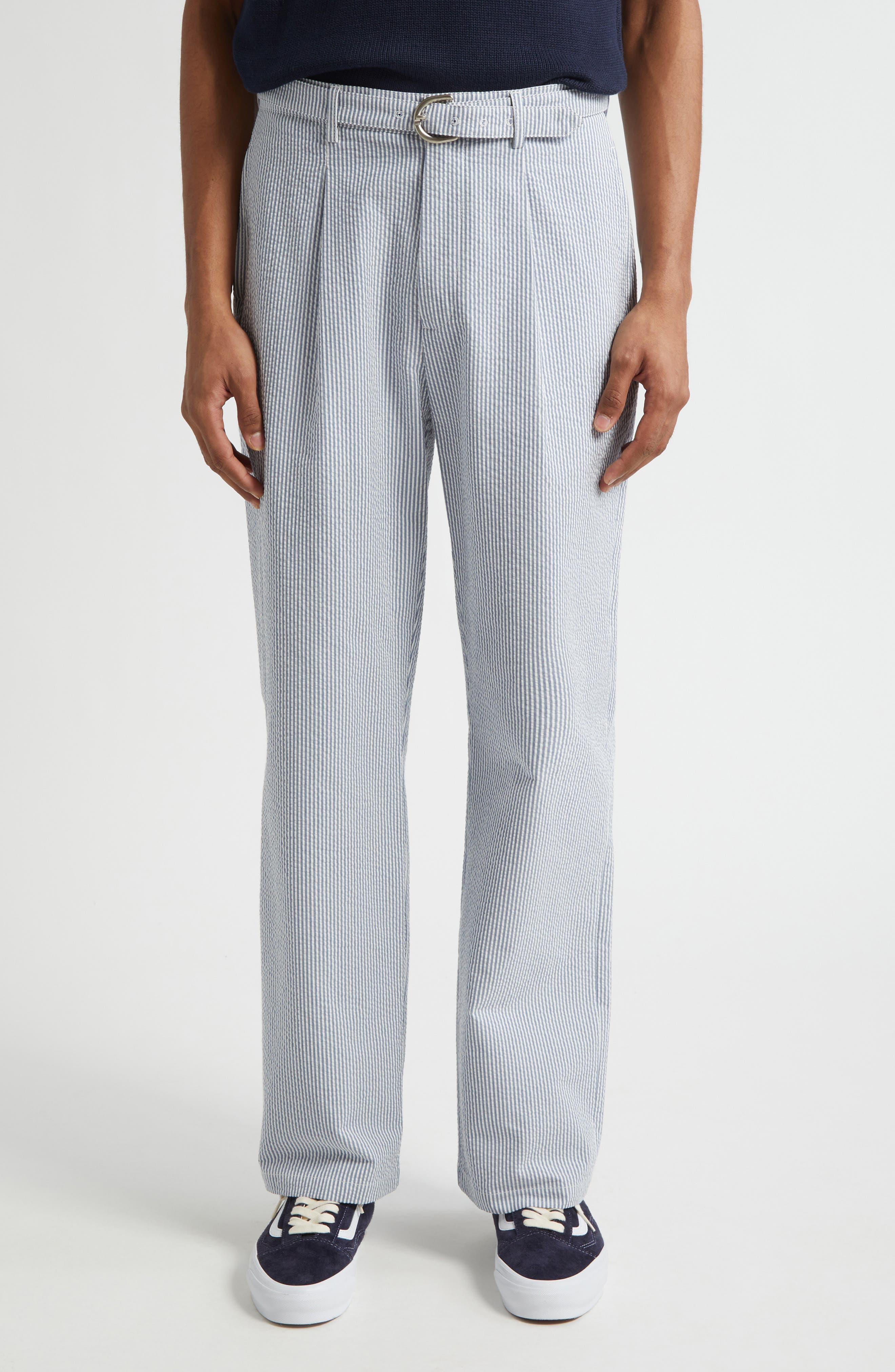 Noah Belted Pleated Seersucker Pants