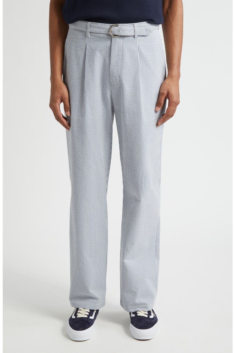 Belted Pleated Seersucker Pants, Main, color, BLUE/ WHITE