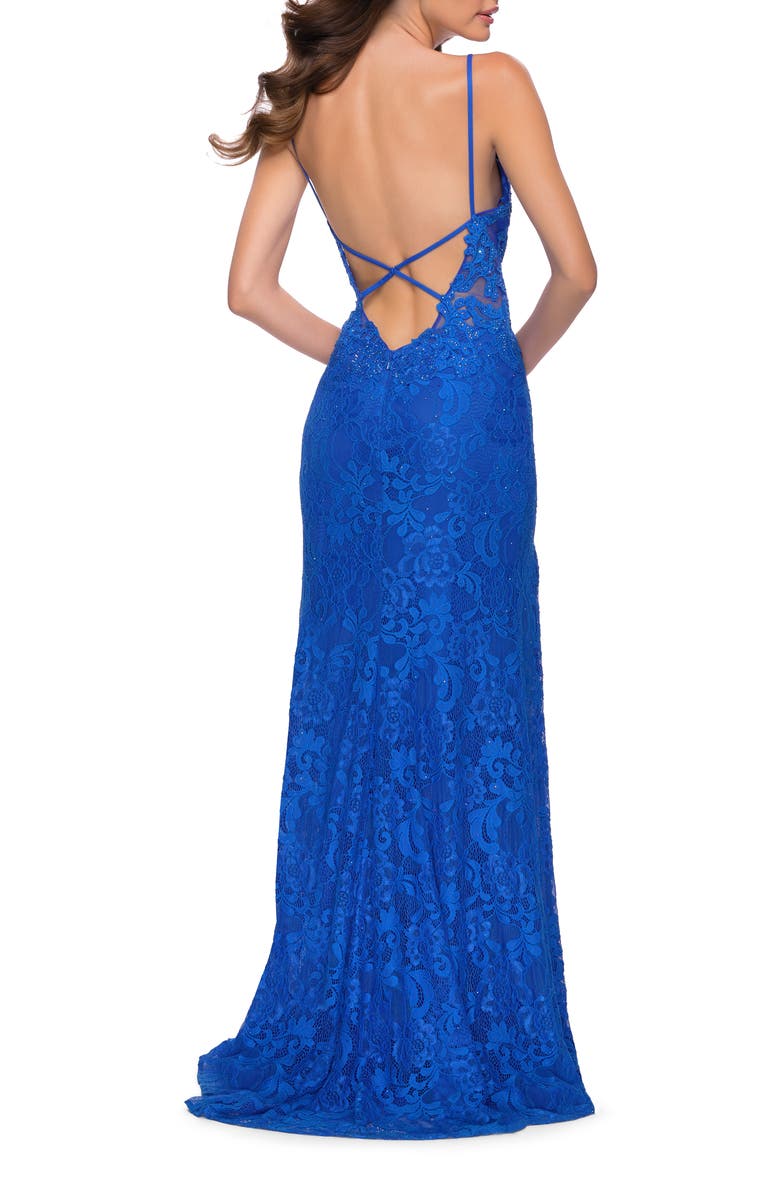 La Femme Stretch Lace Long Dress with Deep V Neckline, Alternate, color, Royal Blue