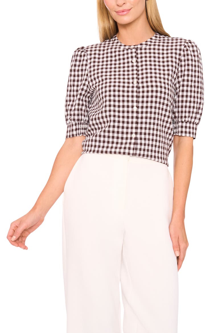 Gingham Puff Sleeve Woven Shirt, Main, color, CHICORY COFFEE