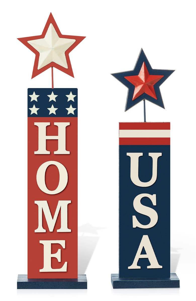 Glitzhome Set of 2 Wooden Patriotic Americana Firecracker Table Sign, Main, color, 