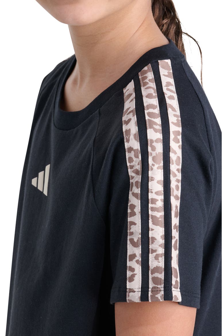 Kids' Leopard Print 3-Stripes Raglan T-Shirt, Alternate, color, BLACK
