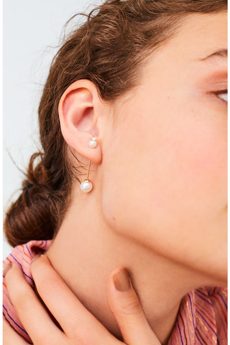 Freshwater Pearl & Diamond Linear Drop Earrings, Alternate, color, YELLOW GOLD/ PEARL/ DIAMOND