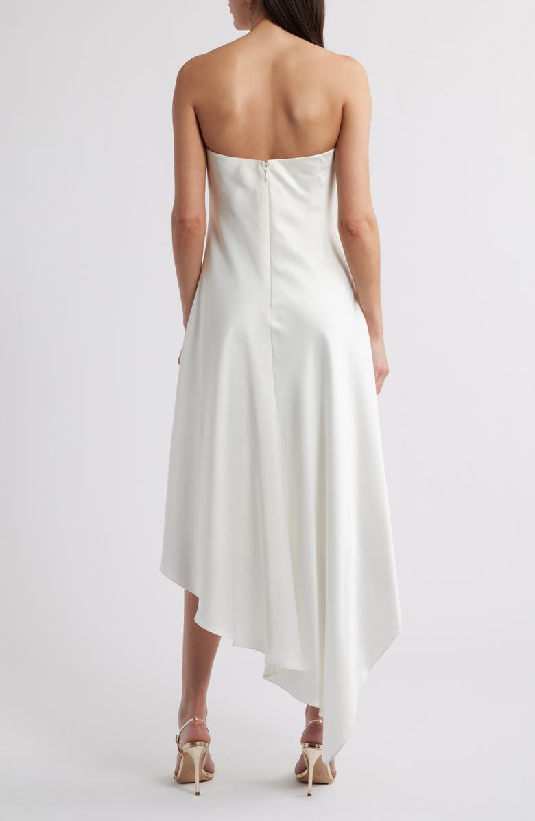 Amsale Asymmetric Strapless Satin Midi Dress, Alternate, color, Ivory