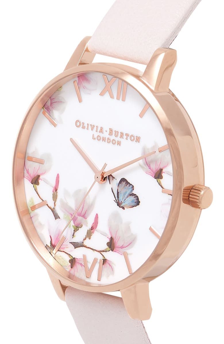 Olivia Burton Pretty Blossom Leather Strap Watch, 38mm, Alternate, color, 