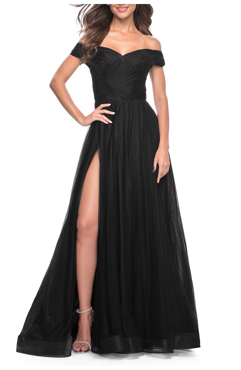 La Femme A-Line Tulle Prom Dress with Off the Shoulder Top, Main, color, Black