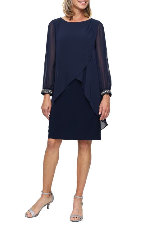 Cold Shoulder Long Sleeve Capelet Cocktail Dress (Petite)