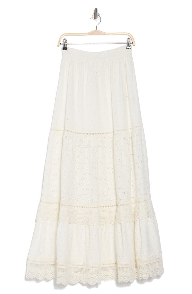 Alice + Olivia Reise Tiered Eyelet Maxi Skirt, Alternate, color, Off White