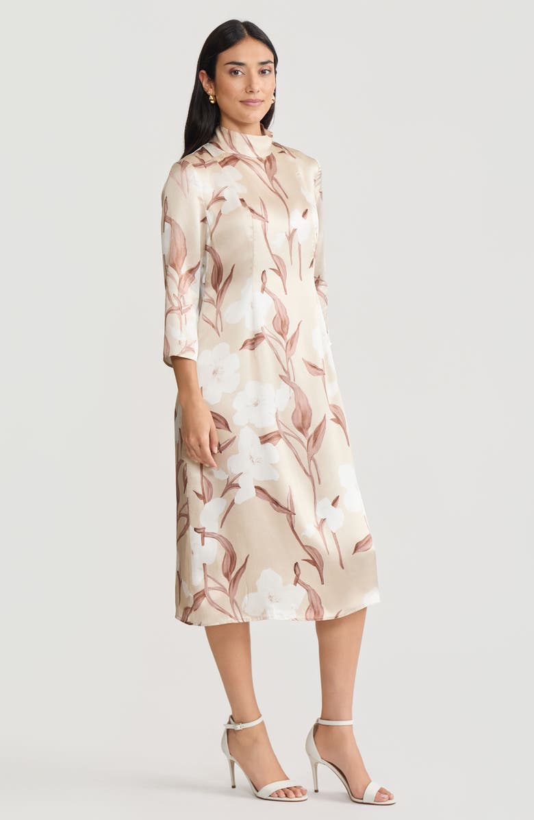 Misook A-Line Floral Print Silk Midi Dress, Alternate, color, Biscotti/Charmeuse