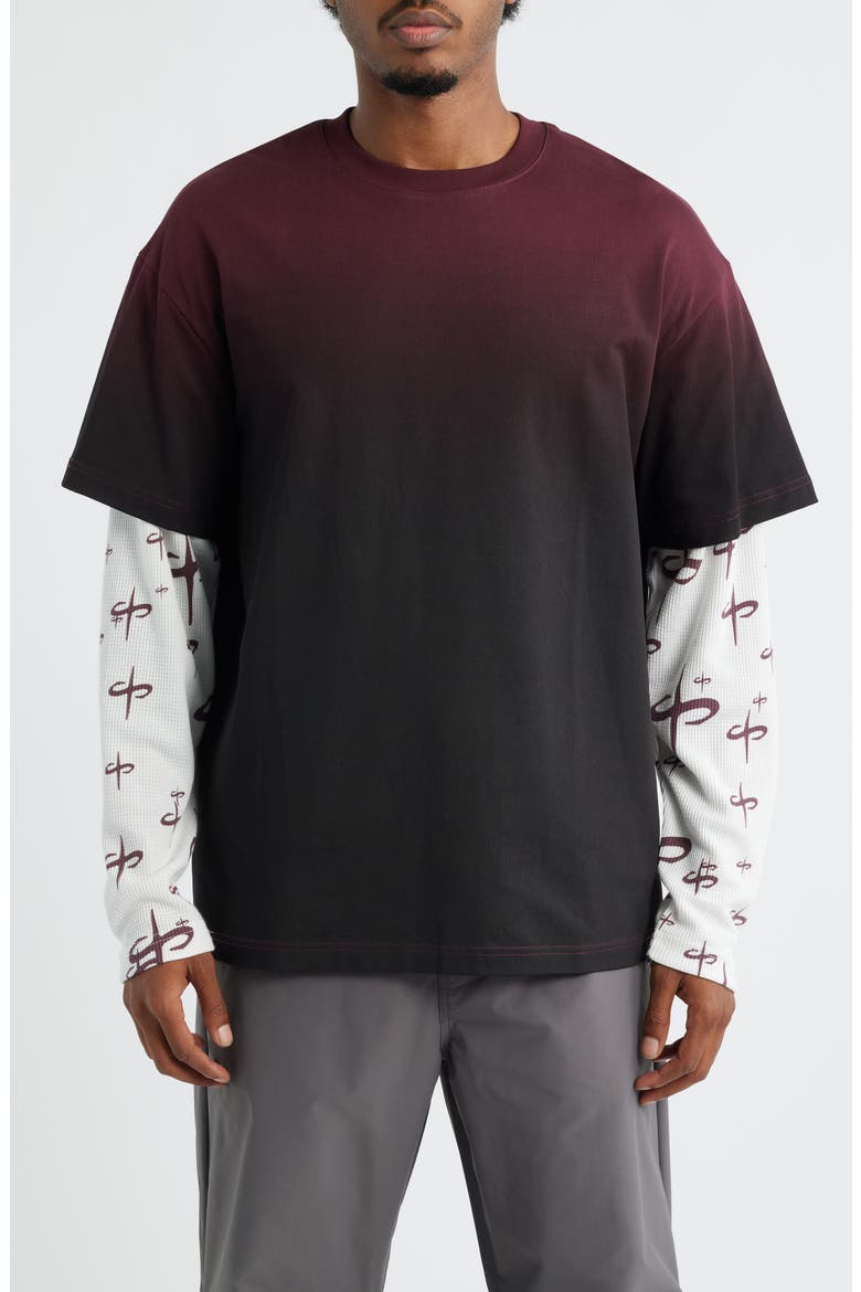 Ispica Long Sleeve Cotton Layered Look T-Shirt, Main, color, MAROON