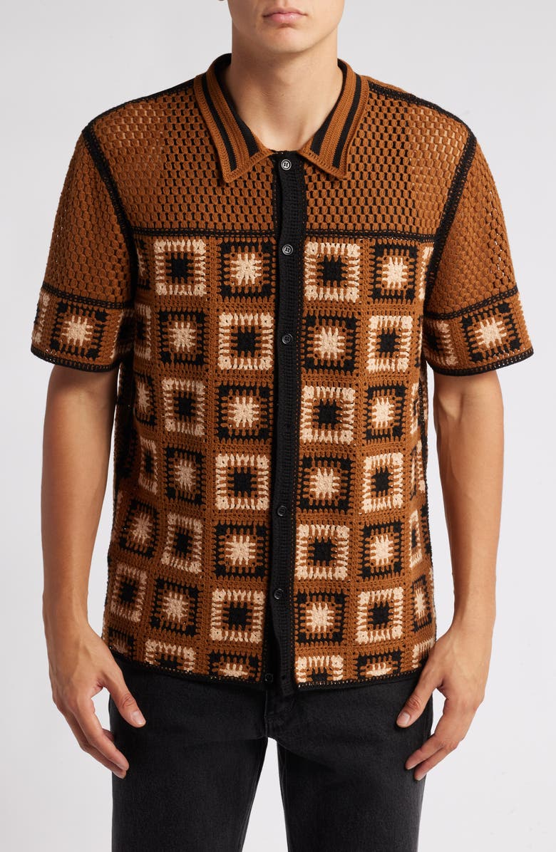 Percival Dusk Deckhand Short Sleeve Crochet Button-Up Shirt, Main, color, 