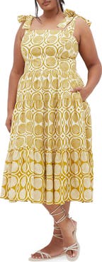 City Chic Leila Border Print Cotton Midi Sundress