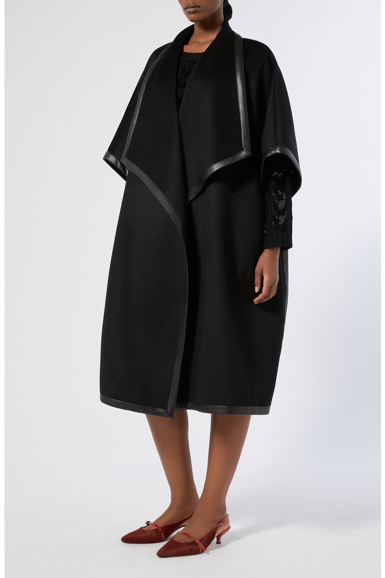 Ortica Faux Leather & Virgin Wool Poncho, Main, color, BLACK