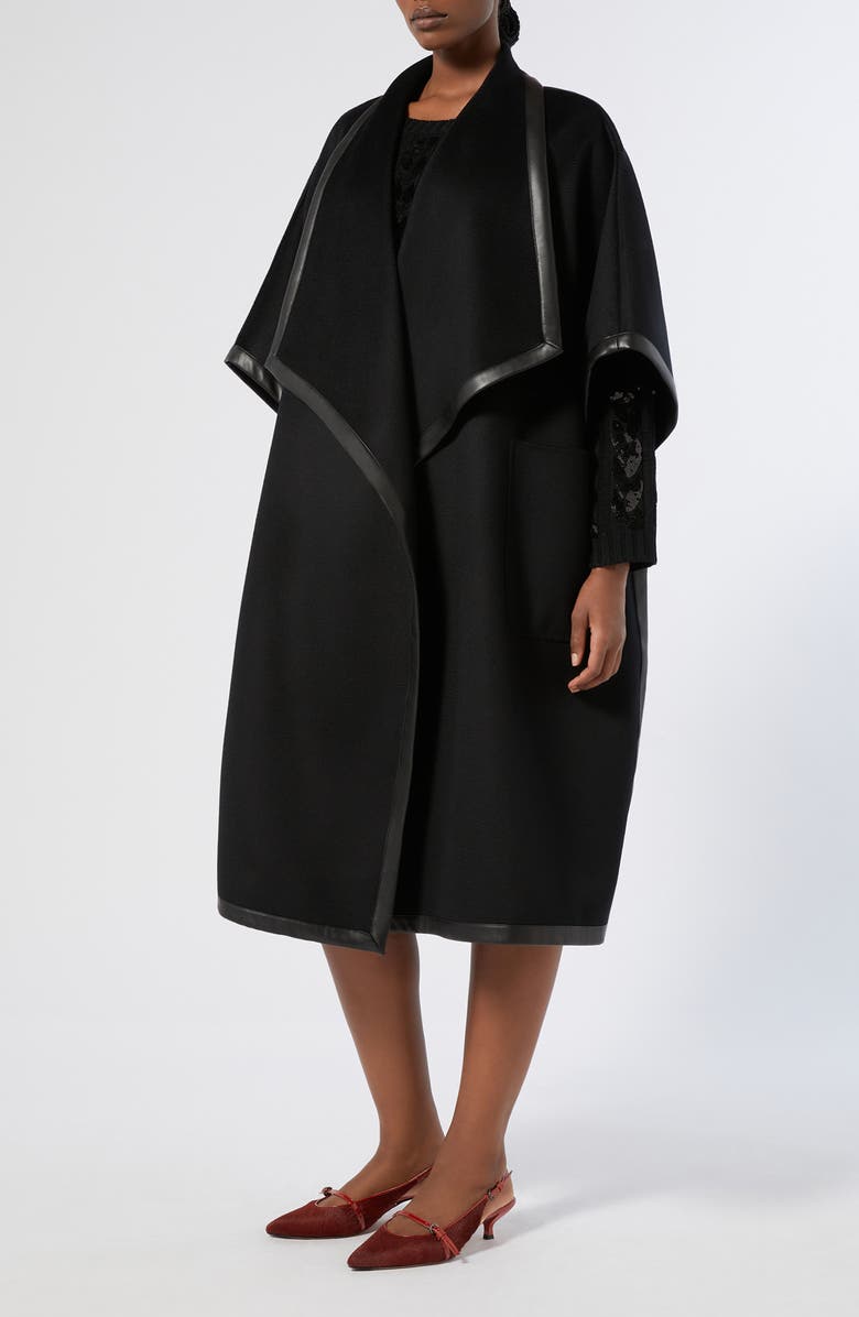 Marina Rinaldi Ortica Faux Leather & Virgin Wool Poncho, Main, color, Black