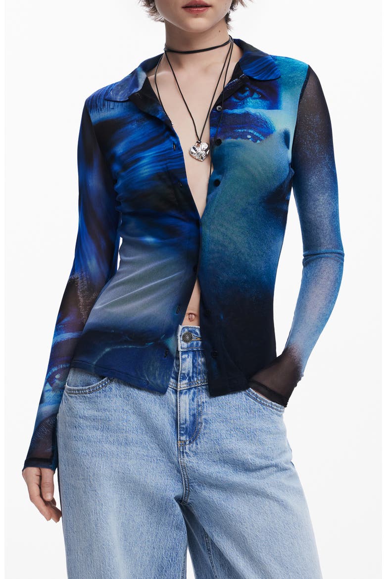 Prink Mesh Button-Up Shirt, Main, color, INK BLUE