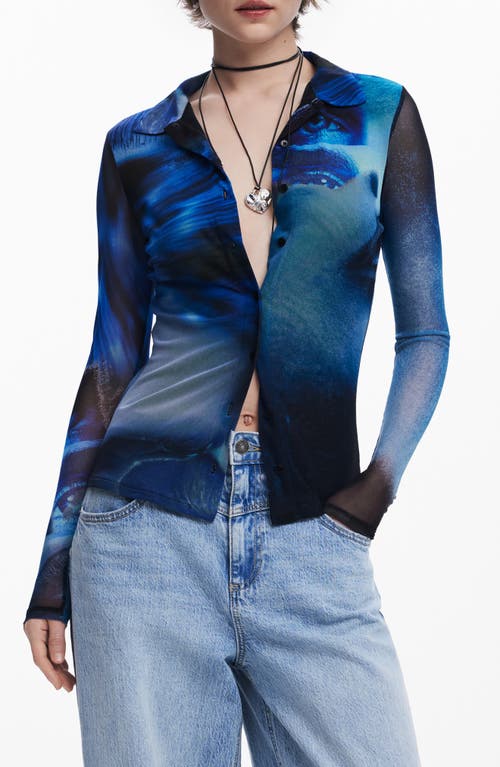 Desigual Prink Mesh Button-up Shirt In Ink Blue