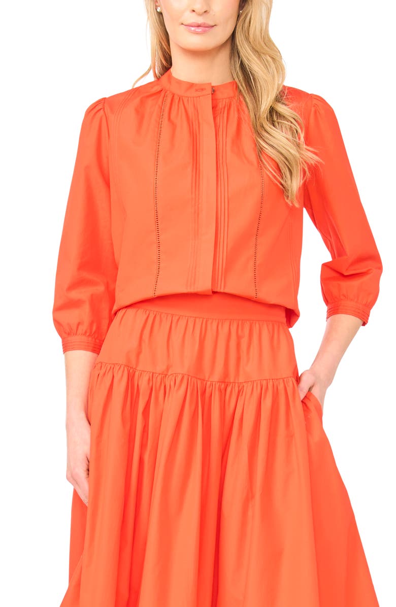 Ted Baker Camille Pleated Cotton Button-Up Top, Main, color, Fire Orange