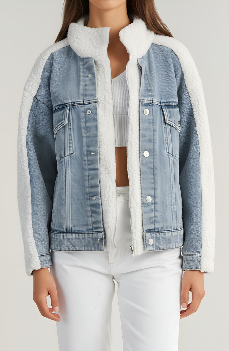 Modenaire Denim Jacket with Faux Shearling Collar and Contrast Trim, Alternate, color, Light Blue Denim