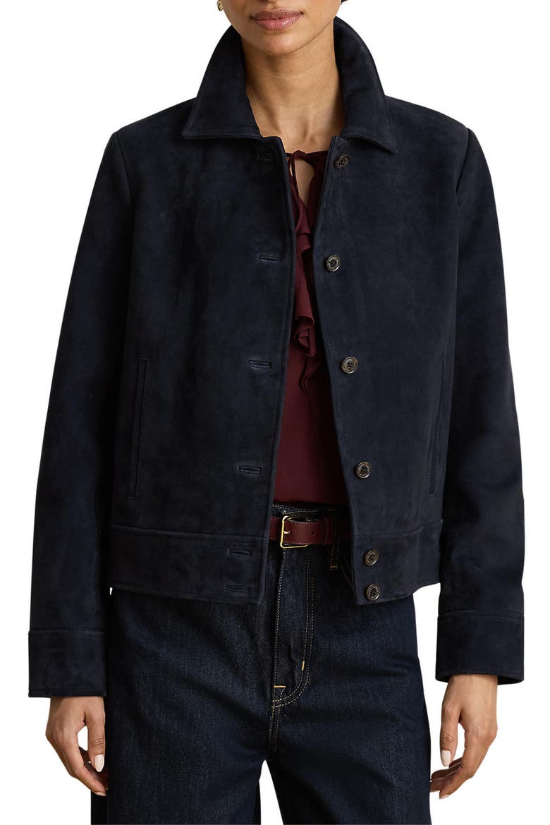 Leather Suede Button Front Jacket, Main, color, DARK NAVY